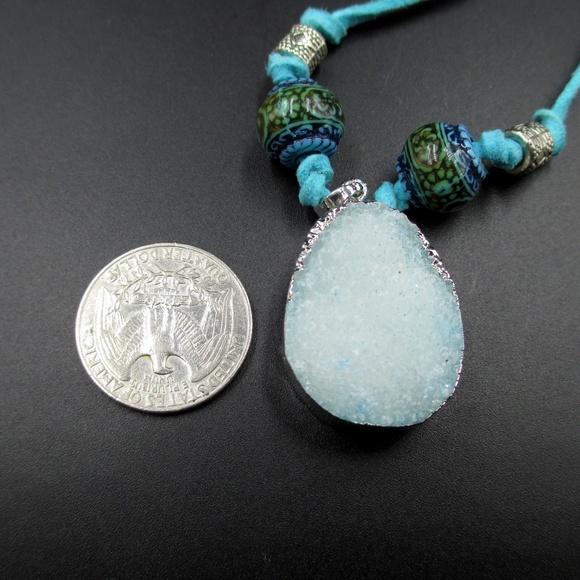 Blue Crystal Stone Leather Cord Necklace Hangs 15" - Picture 3 of 6